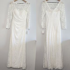 David's Bridal White Ruched Gown with Sheer Lace Sleeves Size 4